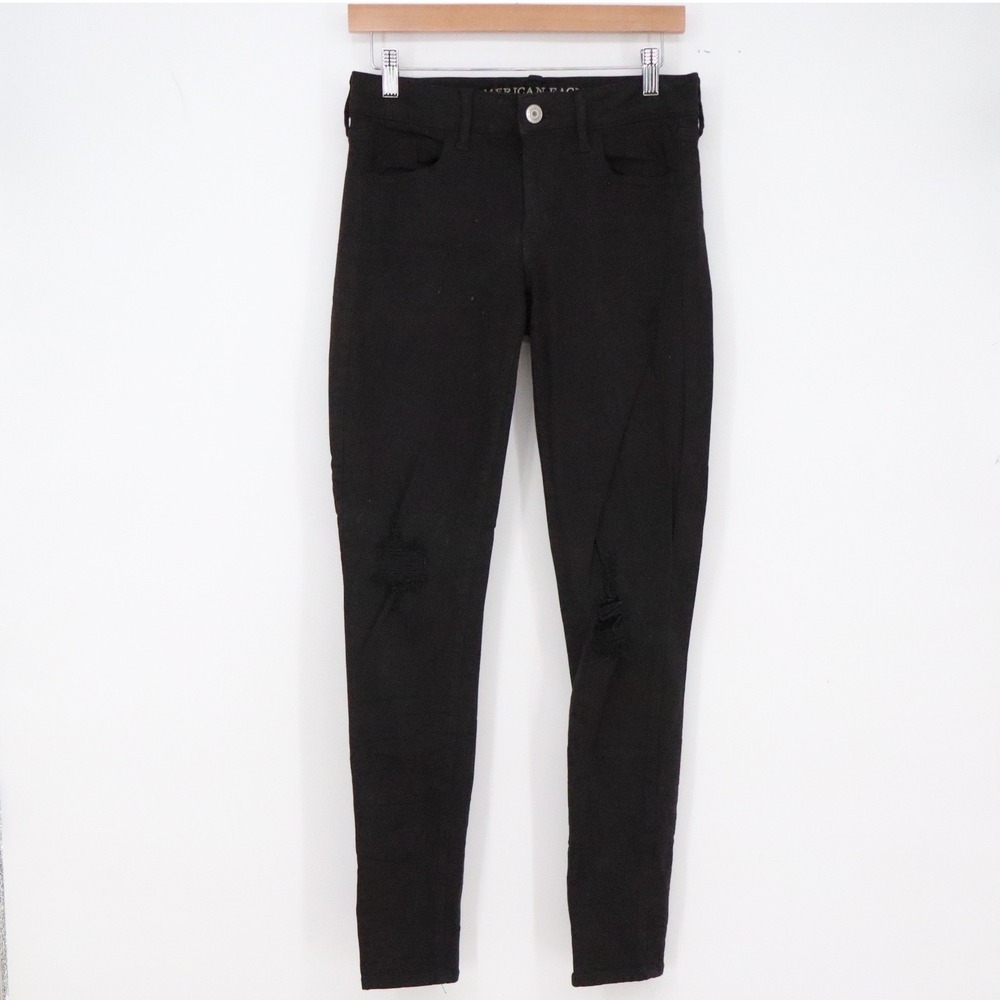 American Eagle Jegging Womens 6 Long Super Stretch X Black Distressed Good